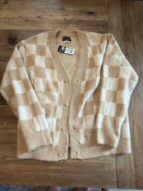 Original Use Checkerboard Cardigan Sweater Cream Tan Size M NWT